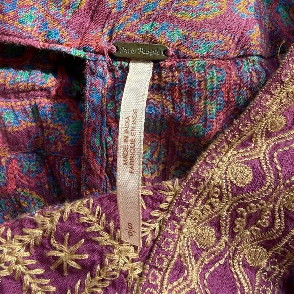 Free People Purple Paisley Embroidered Drawstring Waist Boho Blouse - Picture 2 of 12